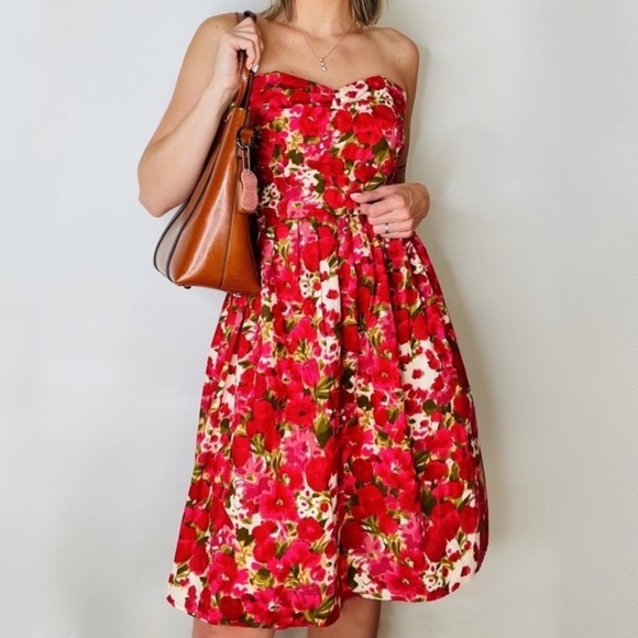 Vintage Dresses & Skirts - VINTAGE | Red Bold Watercolor Floral Print Cotton Strapless A-Line Bustier Dress